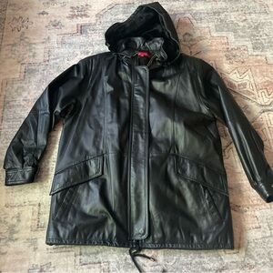 Anne Klein Black Leather coat with removable Hood and inner lining